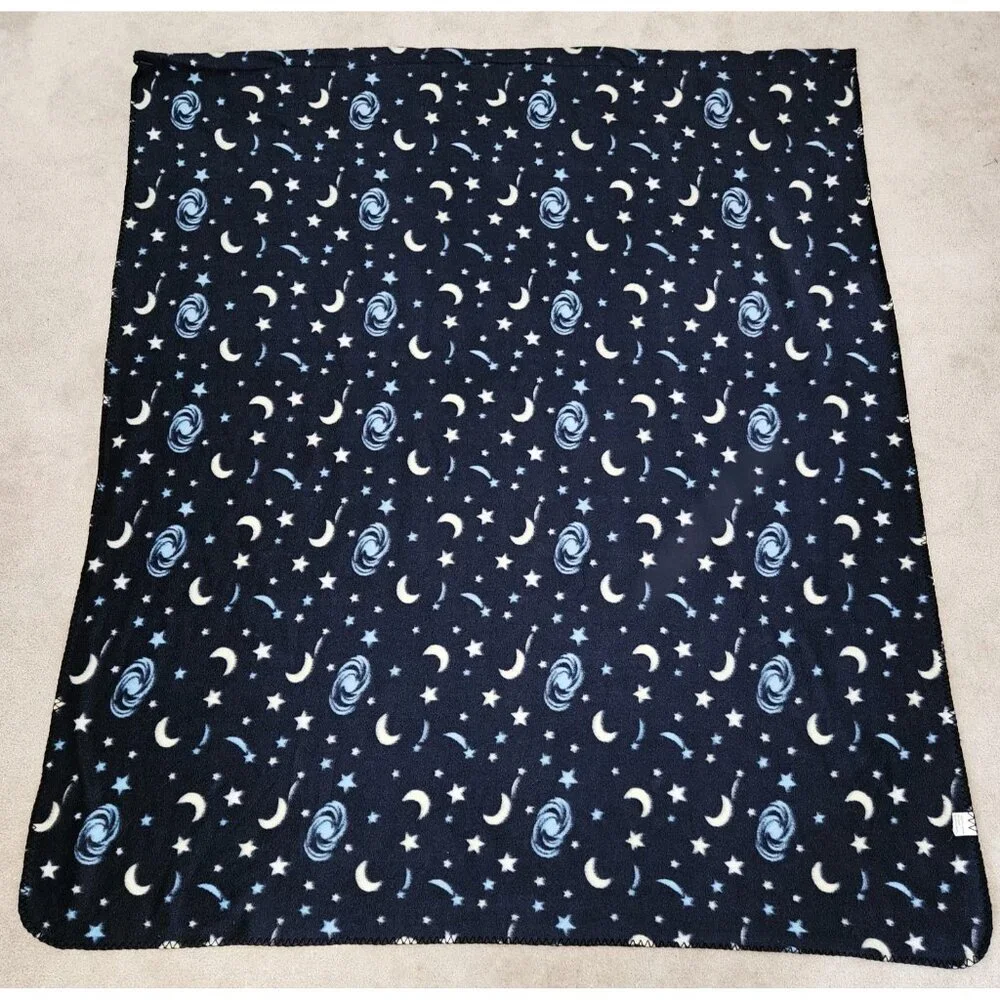 Blue White Yellow Moon Stars Fleece Blanket / Window Cover Drape 50x57 READ